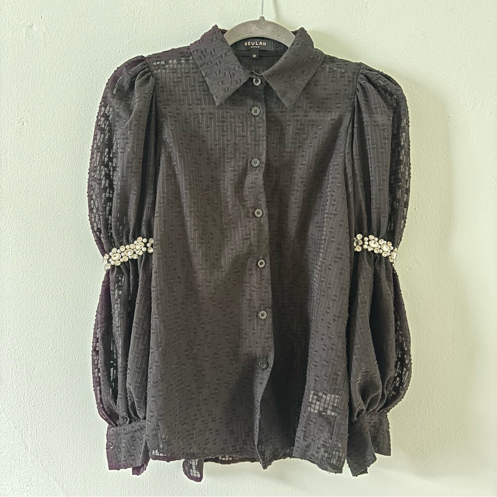 Beulah Charcoal Blouse with Beaded Accents